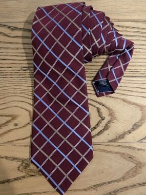 Nautica Burgundy Tie with Light Blue and Taupe Windowpane